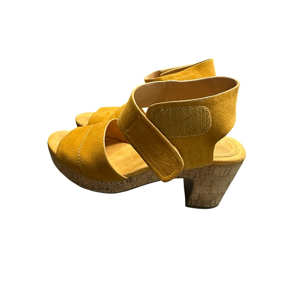 Women's Crown Vintage Yellow Suede Cork Wedge Sandals Size 8 - Picture 7 of 9